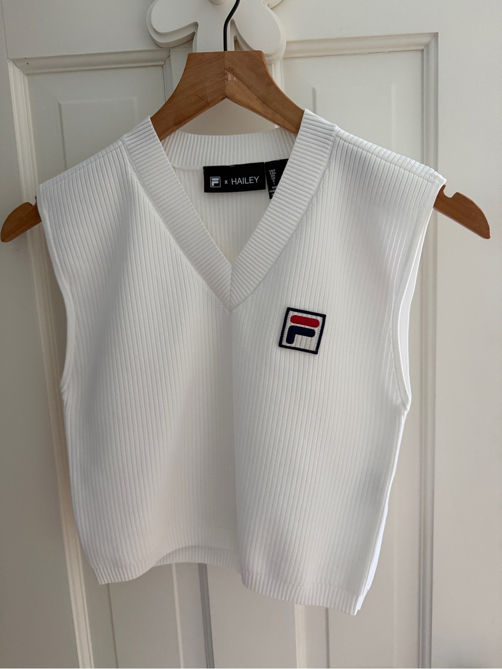 FILA x Hailey White Ribbed V-Neck Sleeveless Knit Vest